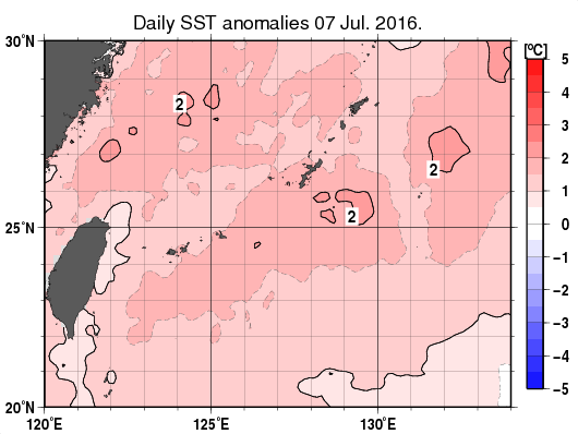 沖縄周辺海域の海面水温平年差分布図（7月7日）
