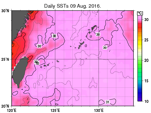 沖縄周辺海域の海面水温分布図（8月9日）