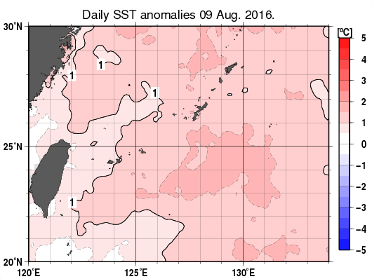 沖縄周辺海域の海面水温平年差分布図（8月9日）