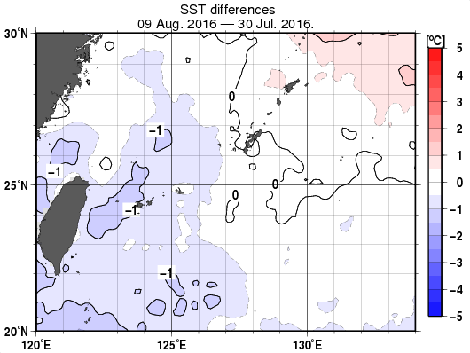 沖縄周辺海域の10日間の海面水温変化量分布図（8月9日）