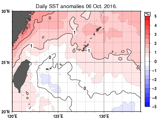 沖縄周辺海域の海面水温平年差分布図（10月6日）