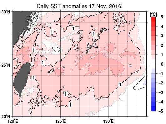 沖縄周辺海域の海面水温平年差分布図（11月17日）
