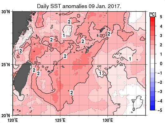 沖縄周辺海域の海面水温平年差分布図（1月9日）