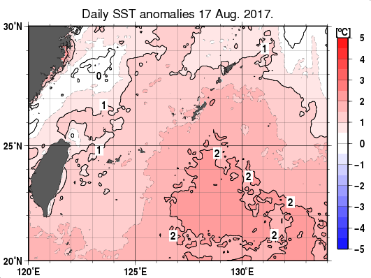 沖縄周辺海域の海面水温平年差分布図（8月17日）