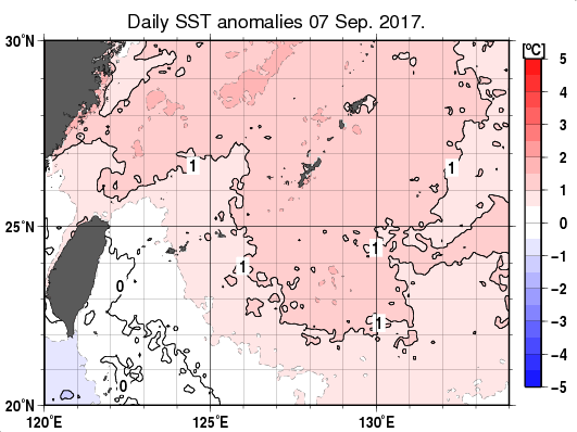 沖縄周辺海域の海面水温平年差分布図（9月7日）
