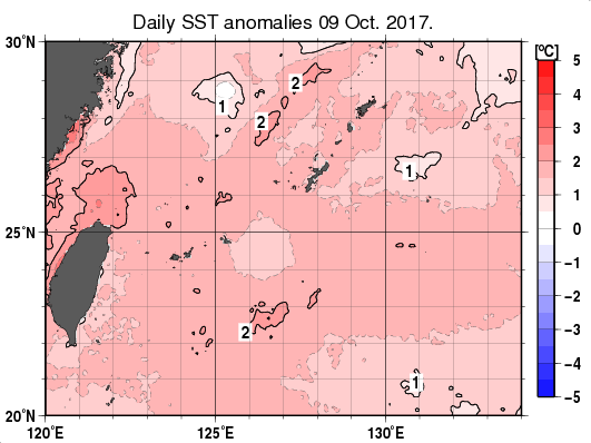沖縄周辺海域の海面水温平年差分布図（10月9日）