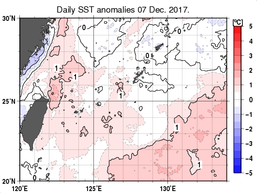 沖縄周辺海域の海面水温平年差分布図（12月7日）
