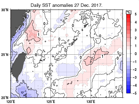 沖縄周辺海域の海面水温平年差分布図（12月27日）
