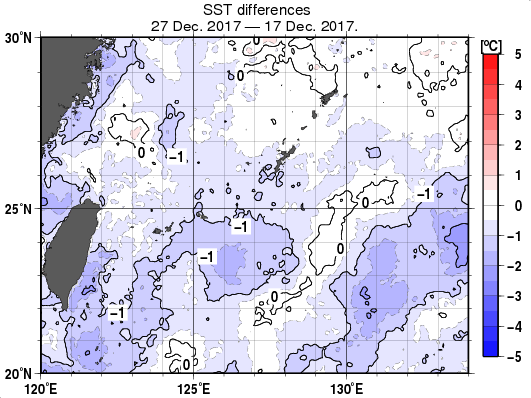 沖縄周辺海域の10日間の海面水温変化量分布図（12月27日）