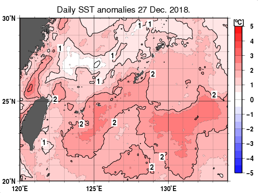沖縄周辺海域の海面水温平年差分布図（12月27日）
