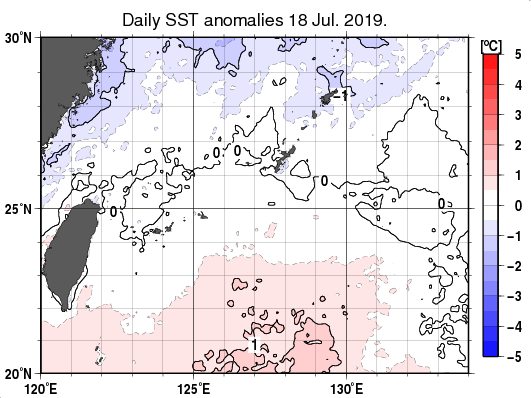 沖縄周辺海域の海面水温平年差分布図（7月18日）