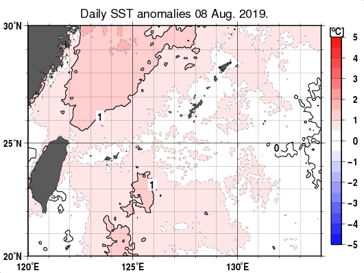 沖縄周辺海域の海面水温平年差分布図（8月8日）