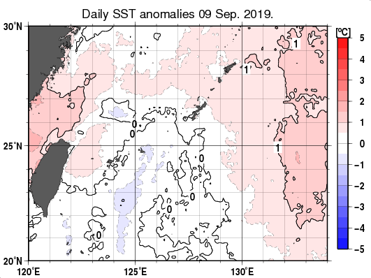 沖縄周辺海域の海面水温平年差分布図（9月9日）