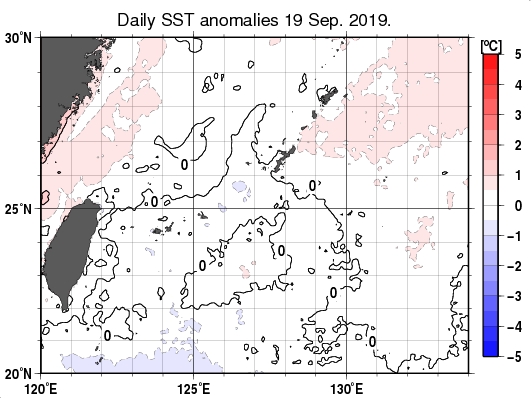 沖縄周辺海域の海面水温平年差分布図（9月19日）