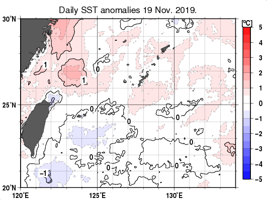 沖縄周辺海域の海面水温平年差分布図（11月19日）