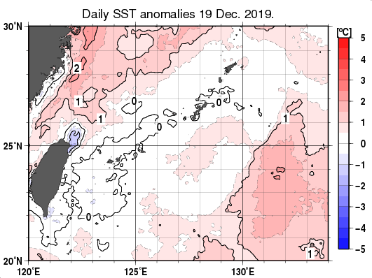沖縄周辺海域の海面水温平年差分布図（12月19日）