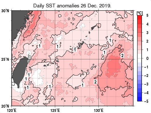 沖縄周辺海域の海面水温平年差分布図（12月26日）