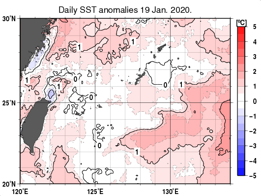 沖縄周辺海域の海面水温平年差分布図（1月19日）