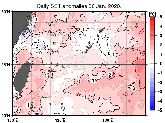 沖縄周辺海域の海面水温平年差分布図（1月30日）
