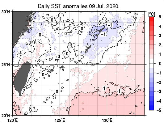 沖縄周辺海域の海面水温平年差分布図（7月9日）