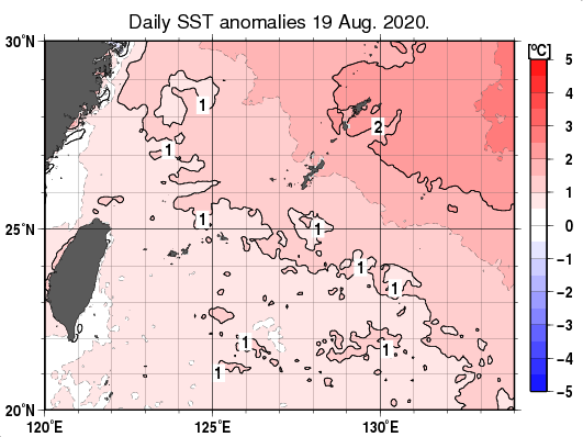 沖縄周辺海域の海面水温平年差分布図（8月19日）