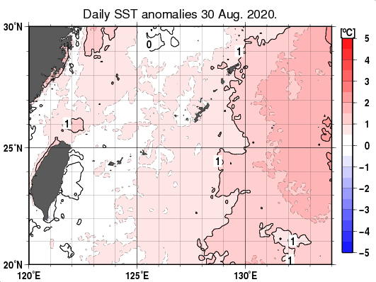 沖縄周辺海域の海面水温平年差分布図（8月30日）