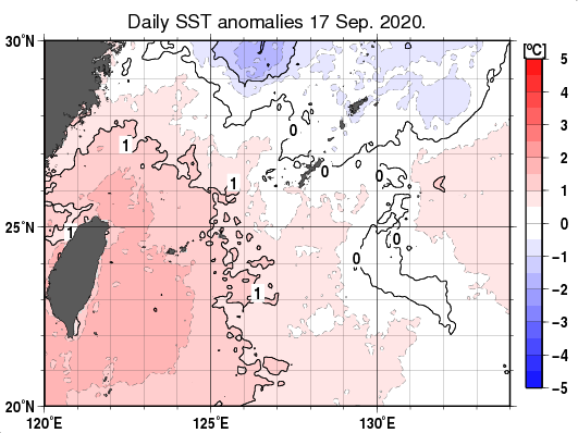 沖縄周辺海域の海面水温平年差分布図（9月17日）