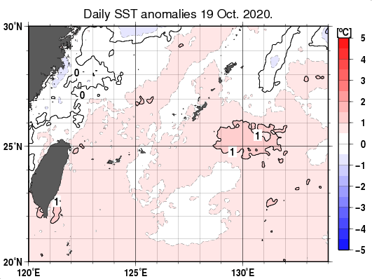 沖縄周辺海域の海面水温平年差分布図（10月19日）