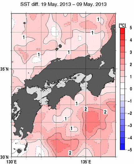 近畿・中国・四国周辺海域の10日間の海面水温変化量分布図（5月19日）