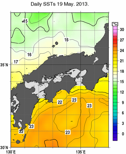 近畿・中国・四国周辺海域の海面水温分布図（5月19日）