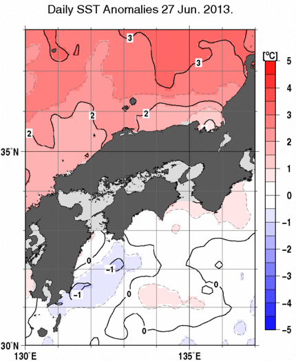 近畿・中国・四国周辺海域の海面水温偏差分布図（6月27日）