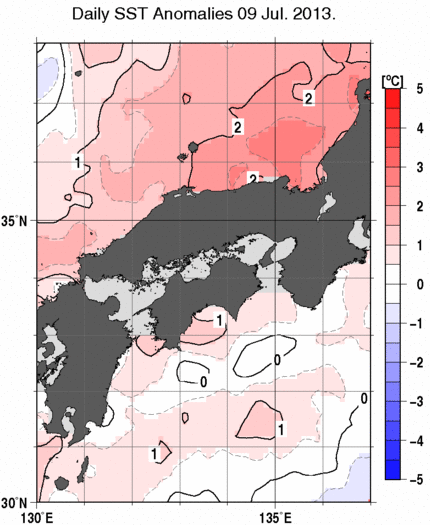 近畿・中国・四国周辺海域の海面水温偏差分布図（7月9日）