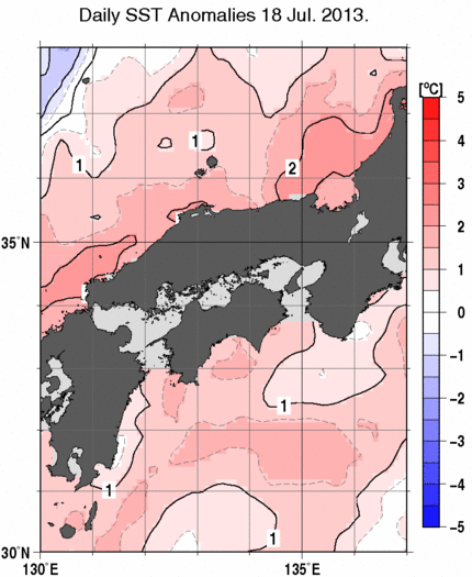近畿・中国・四国周辺海域の海面水温偏差分布図（7月18日）