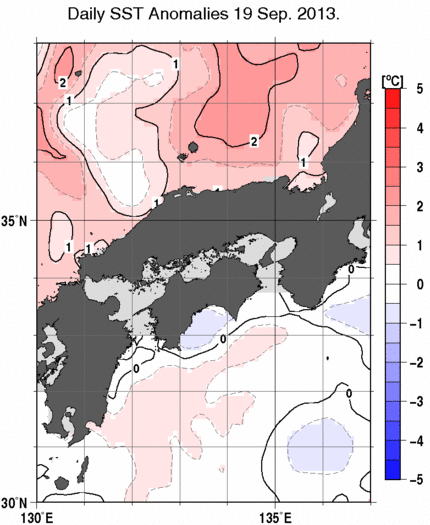 近畿・中国・四国周辺海域の海面水温平年差分布図（9月19日）
