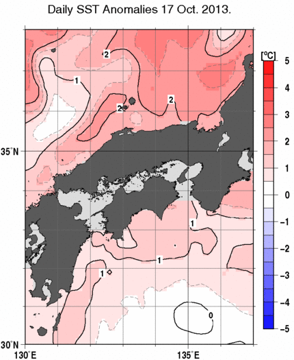 近畿・中国・四国周辺海域の海面水温平年差分布図（10月17日）
