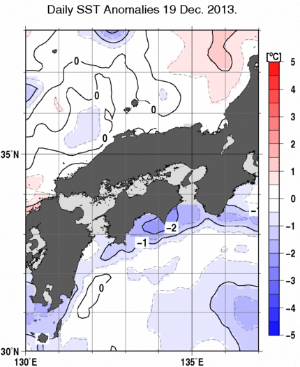 近畿・中国・四国周辺海域の海面水温平年差分布図（12月19日）