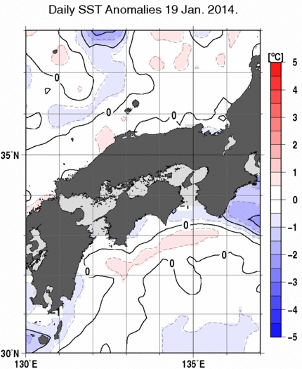 近畿・中国・四国周辺海域の海面水温平年差分布図（1月19日）