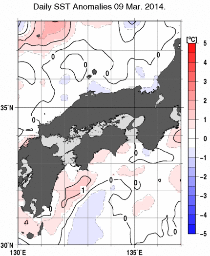 近畿・中国・四国周辺海域の海面水温平年差分布図（3月9日）