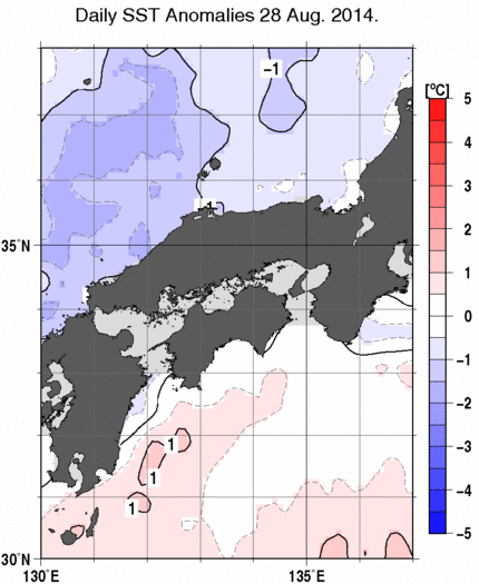 近畿・中国・四国周辺海域の海面水温平年差分布図（8月28日）