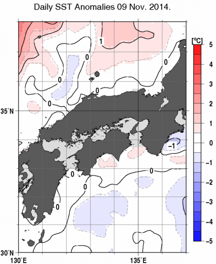 近畿・中国・四国周辺海域の海面水温平年差分布図（11月9日）
