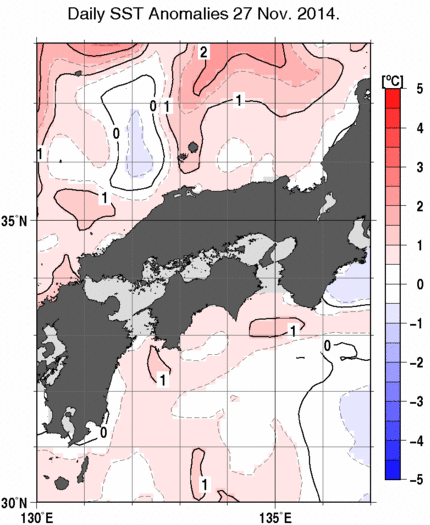 近畿・中国・四国周辺海域の海面水温平年差分布図（11月27日）