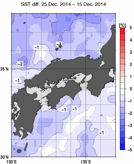 近畿・中国・四国周辺海域の10日間の海面水温変化量分布図（12月25日）