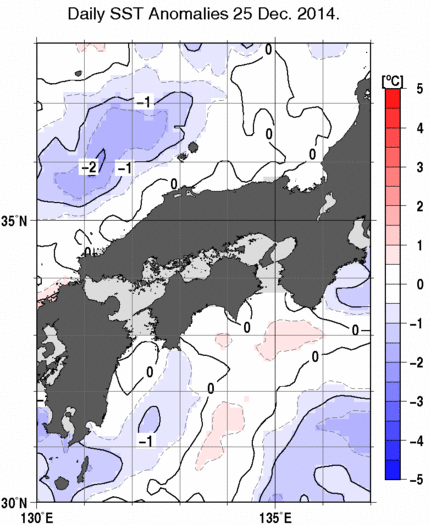 近畿・中国・四国周辺海域の海面水温平年差分布図（12月25日）