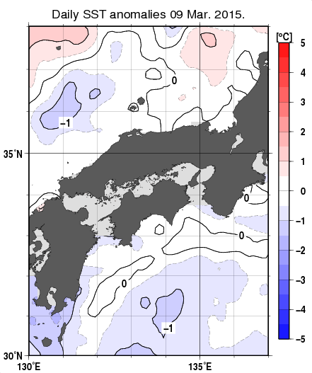 近畿・中国・四国周辺海域の海面水温平年差分布図（3月9日）