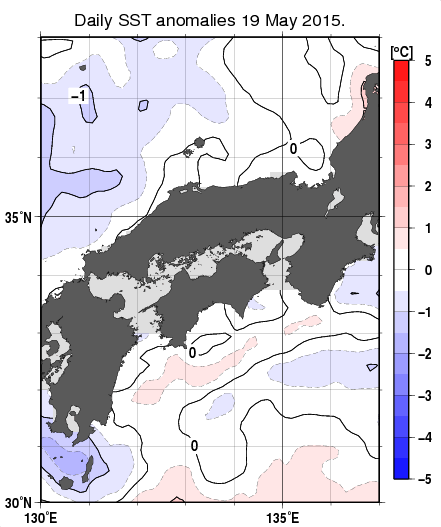 近畿・中国・四国周辺海域の海面水温平年差分布図（5月19日）