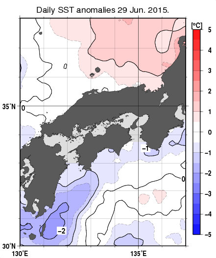 近畿・中国・四国周辺海域の海面水温平年差分布図（6月29日）