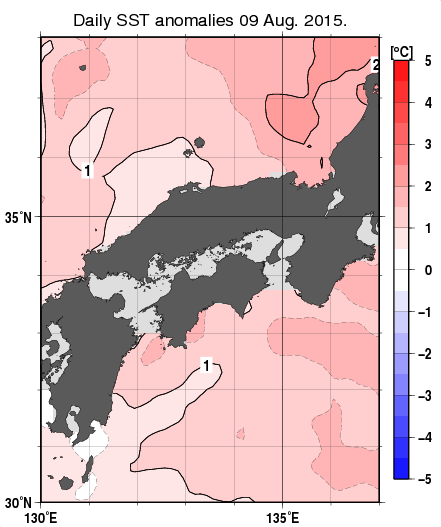 近畿・中国・四国周辺海域の海面水温平年差分布図（8月9日）
