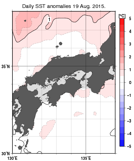 近畿・中国・四国周辺海域の海面水温平年差分布図（8月19日）