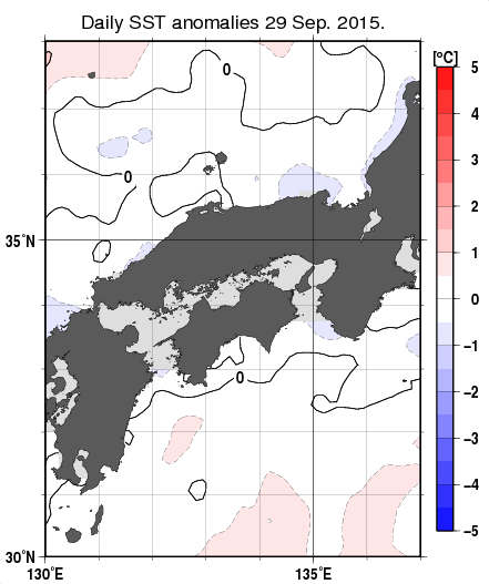 近畿・中国・四国周辺海域の海面水温平年差分布図（9月29日）