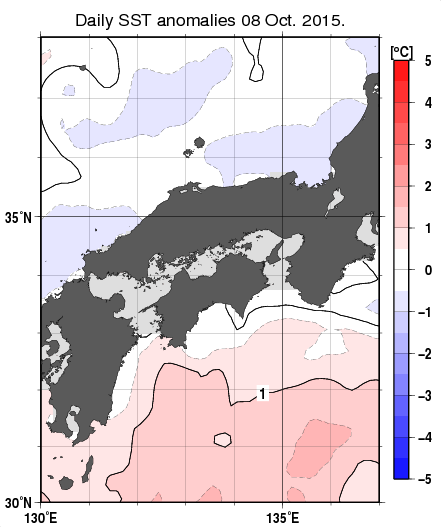 近畿・中国・四国周辺海域の海面水温平年差分布図（10月8日）